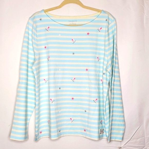 Talbots Authentic Embroidered Ice Skate Top Sz XL Striped Cotton Long Sleeve NEW - Picture 2 of 14